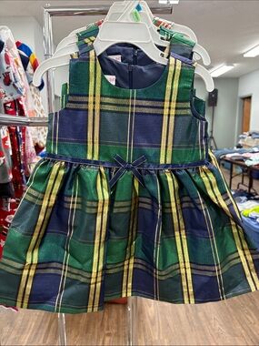Bonnie Jean Green Navy Gold Plaid Holiday Dress